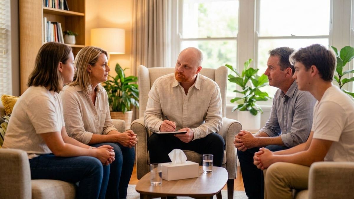 A family in quiet, guided conversation
